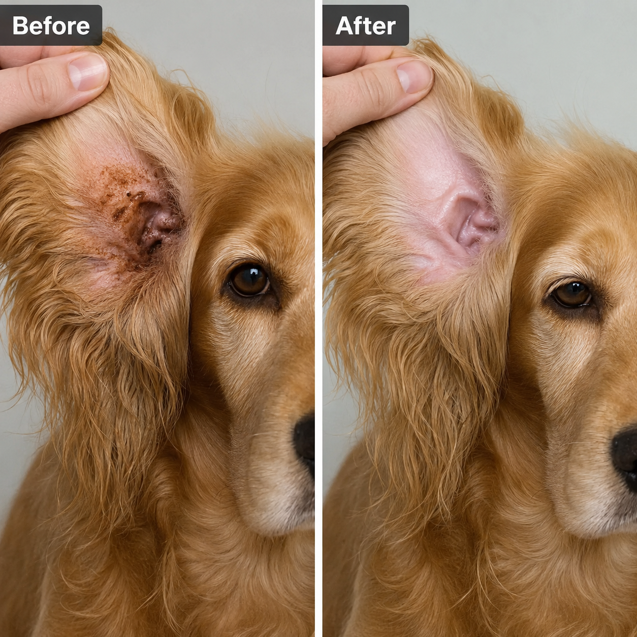 Before and after, a dog's dirty waxy ear cleaned to fresh and clean
