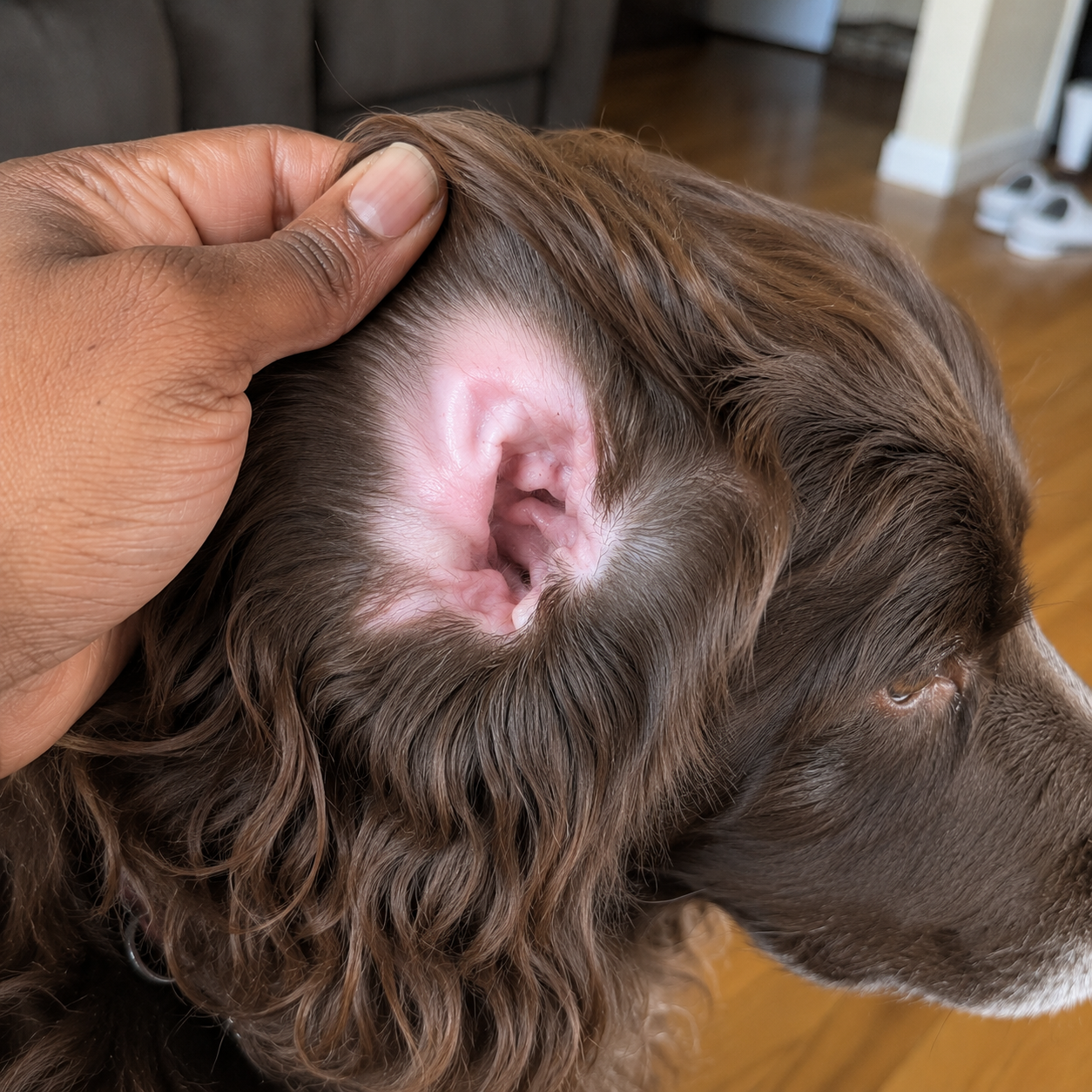 The same spaniel's ear after, clean and pink